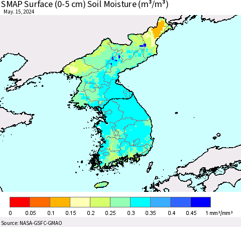 Korea SMAP Surface (0-5 cm) Soil Moisture (m³/m³) Thematic Map For 5/11/2024 - 5/15/2024