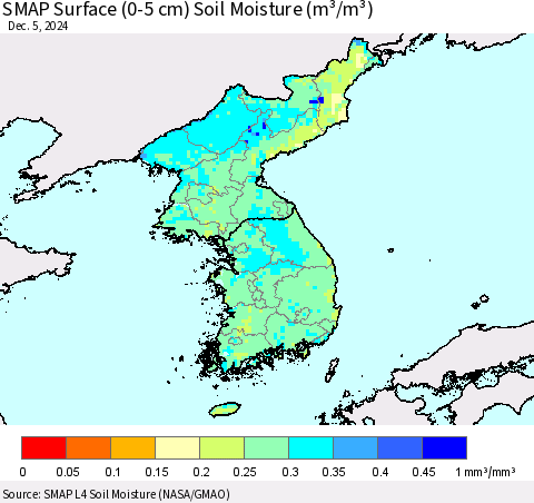 Korea SMAP Surface (0-5 cm) Soil Moisture (m³/m³) Thematic Map For 12/1/2024 - 12/5/2024