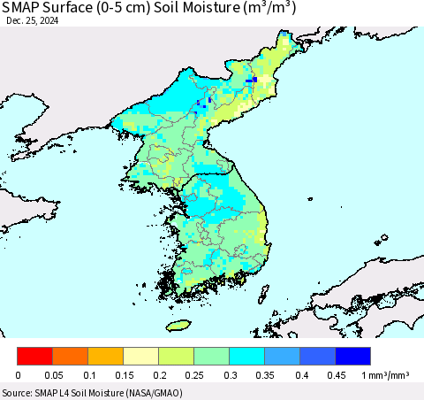 Korea SMAP Surface (0-5 cm) Soil Moisture (m³/m³) Thematic Map For 12/21/2024 - 12/25/2024