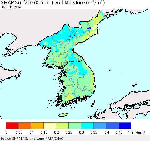 Korea SMAP Surface (0-5 cm) Soil Moisture (m³/m³) Thematic Map For 12/26/2024 - 12/31/2024