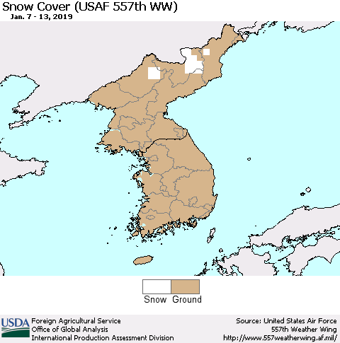 Korea Snow Cover (USAF 557th WW) Thematic Map For 1/7/2019 - 1/13/2019