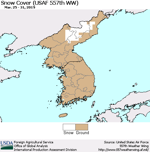 Korea Snow Cover (USAF 557th WW) Thematic Map For 3/25/2019 - 3/31/2019