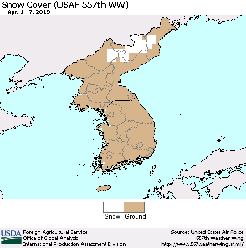 Korea Snow Cover (USAF 557th WW) Thematic Map For 4/1/2019 - 4/7/2019