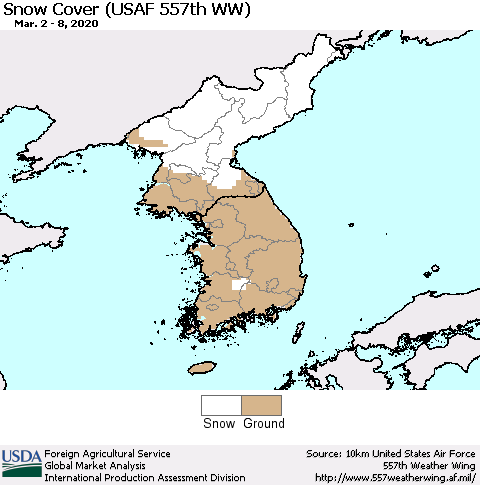 Korea Snow Cover (USAF 557th WW) Thematic Map For 3/2/2020 - 3/8/2020