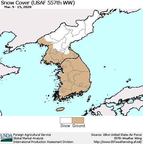 Korea Snow Cover (USAF 557th WW) Thematic Map For 3/9/2020 - 3/15/2020