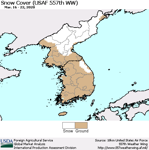 Korea Snow Cover (USAF 557th WW) Thematic Map For 3/16/2020 - 3/22/2020