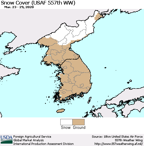 Korea Snow Cover (USAF 557th WW) Thematic Map For 3/23/2020 - 3/29/2020