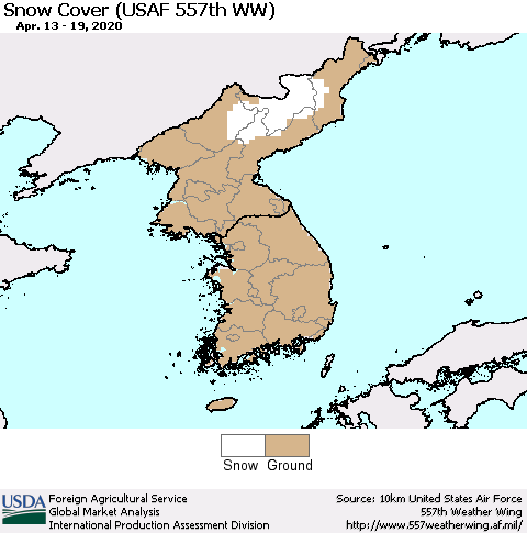 Korea Snow Cover (USAF 557th WW) Thematic Map For 4/13/2020 - 4/19/2020