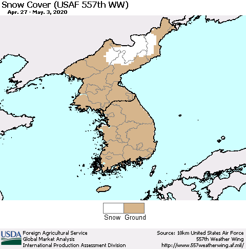 Korea Snow Cover (USAF 557th WW) Thematic Map For 4/27/2020 - 5/3/2020