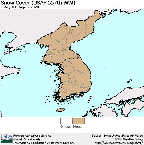 Korea Snow Cover (USAF 557th WW) Thematic Map For 8/31/2020 - 9/6/2020