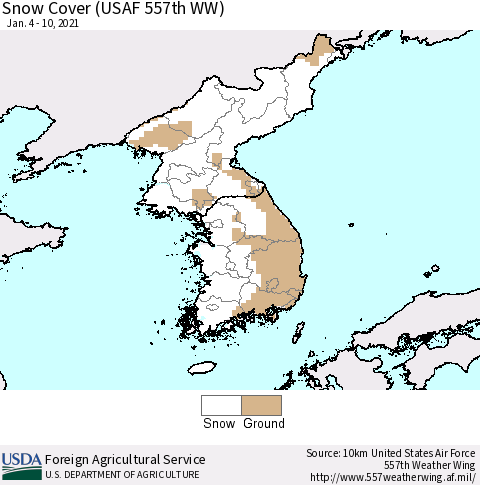 Korea Snow Cover (USAF 557th WW) Thematic Map For 1/4/2021 - 1/10/2021