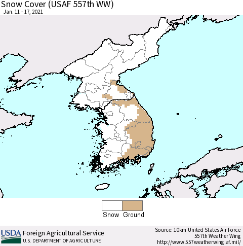 Korea Snow Cover (USAF 557th WW) Thematic Map For 1/11/2021 - 1/17/2021