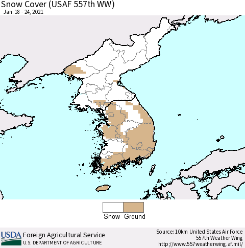 Korea Snow Cover (USAF 557th WW) Thematic Map For 1/18/2021 - 1/24/2021