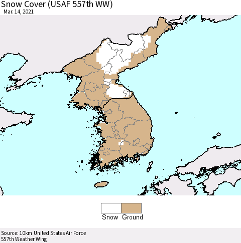 Korea Snow Cover (USAF 557th WW) Thematic Map For 3/8/2021 - 3/14/2021