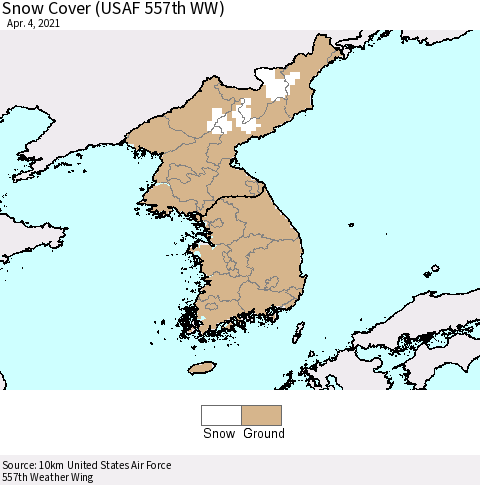 Korea Snow Cover (USAF 557th WW) Thematic Map For 3/29/2021 - 4/4/2021