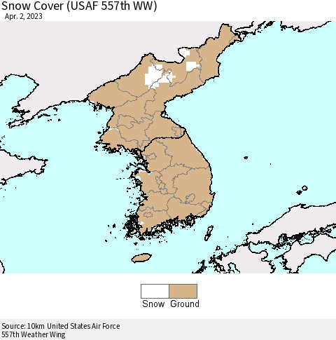 Korea Snow Cover (USAF 557th WW) Thematic Map For 3/27/2023 - 4/2/2023