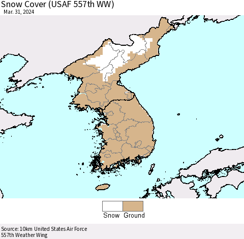 Korea Snow Cover (USAF 557th WW) Thematic Map For 3/25/2024 - 3/31/2024