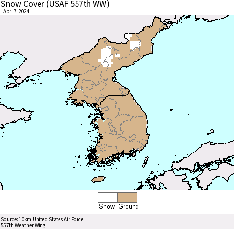 Korea Snow Cover (USAF 557th WW) Thematic Map For 4/1/2024 - 4/7/2024
