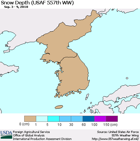 Korea Snow Depth (USAF 557th WW) Thematic Map For 9/3/2018 - 9/9/2018