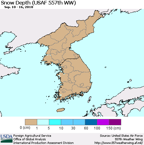 Korea Snow Depth (USAF 557th WW) Thematic Map For 9/10/2018 - 9/16/2018