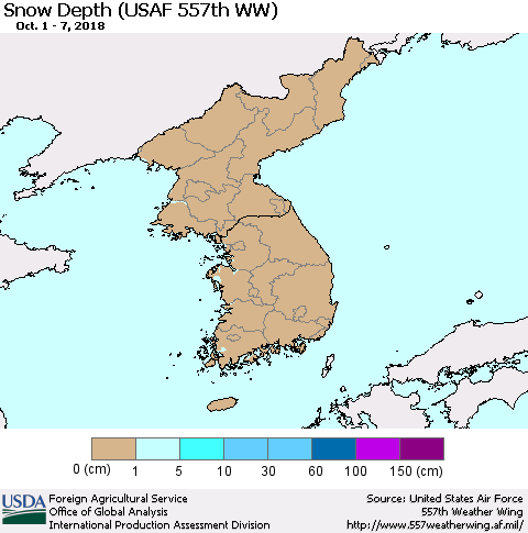 Korea Snow Depth (USAF 557th WW) Thematic Map For 10/1/2018 - 10/7/2018