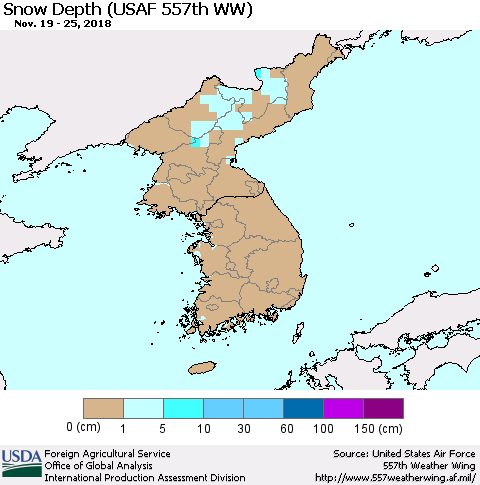 Korea Snow Depth (USAF 557th WW) Thematic Map For 11/19/2018 - 11/25/2018
