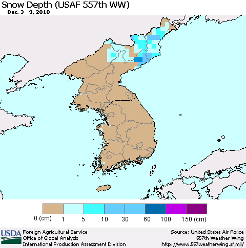 Korea Snow Depth (USAF 557th WW) Thematic Map For 12/3/2018 - 12/9/2018