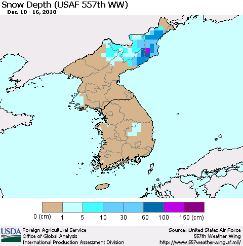 Korea Snow Depth (USAF 557th WW) Thematic Map For 12/10/2018 - 12/16/2018