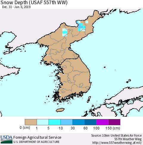 Korea Snow Depth (USAF 557th WW) Thematic Map For 12/31/2018 - 1/6/2019