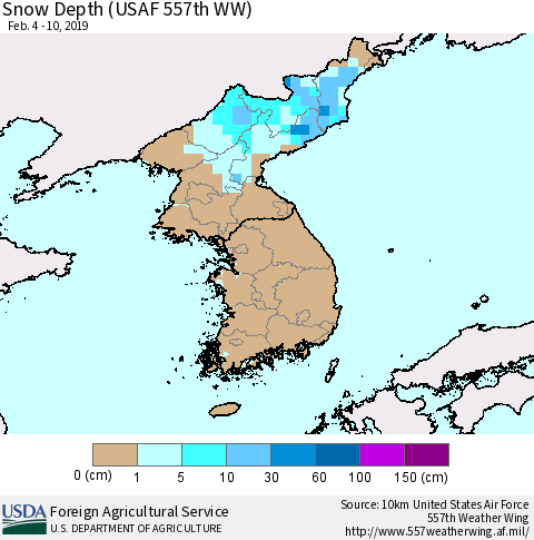 Korea Snow Depth (USAF 557th WW) Thematic Map For 2/4/2019 - 2/10/2019