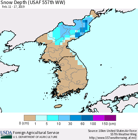 Korea Snow Depth (USAF 557th WW) Thematic Map For 2/11/2019 - 2/17/2019