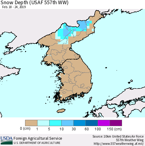 Korea Snow Depth (USAF 557th WW) Thematic Map For 2/18/2019 - 2/24/2019