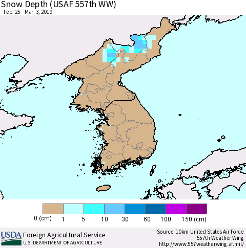 Korea Snow Depth (USAF 557th WW) Thematic Map For 2/25/2019 - 3/3/2019