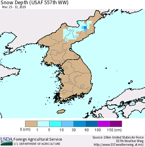 Korea Snow Depth (USAF 557th WW) Thematic Map For 3/25/2019 - 3/31/2019
