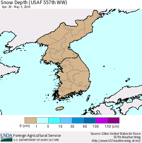 Korea Snow Depth (USAF 557th WW) Thematic Map For 4/29/2019 - 5/5/2019