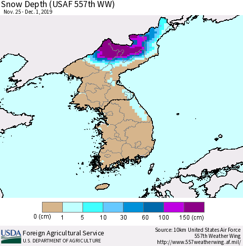 Korea Snow Depth (USAF 557th WW) Thematic Map For 11/25/2019 - 12/1/2019