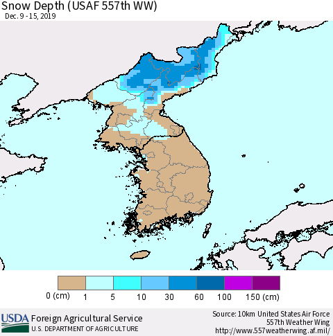 Korea Snow Depth (USAF 557th WW) Thematic Map For 12/9/2019 - 12/15/2019