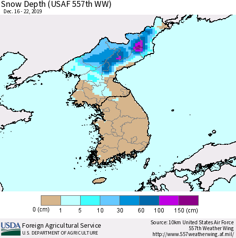 Korea Snow Depth (USAF 557th WW) Thematic Map For 12/16/2019 - 12/22/2019