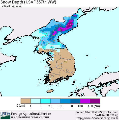 Korea Snow Depth (USAF 557th WW) Thematic Map For 12/23/2019 - 12/29/2019
