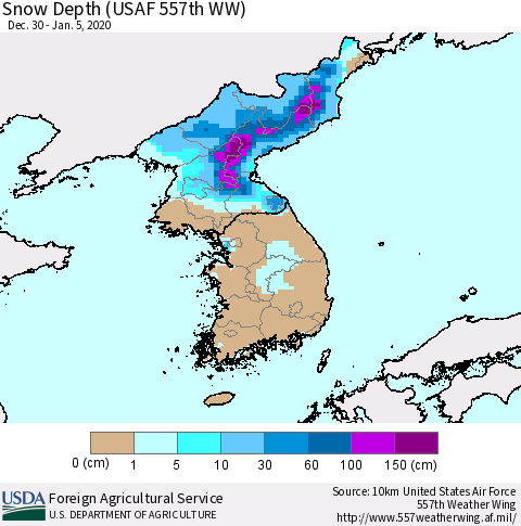 Korea Snow Depth (USAF 557th WW) Thematic Map For 12/30/2019 - 1/5/2020