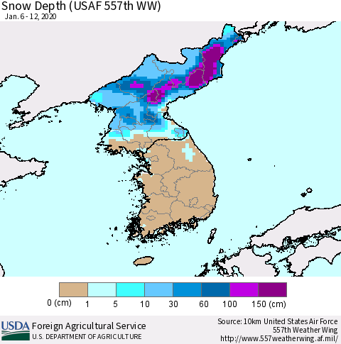 Korea Snow Depth (USAF 557th WW) Thematic Map For 1/6/2020 - 1/12/2020