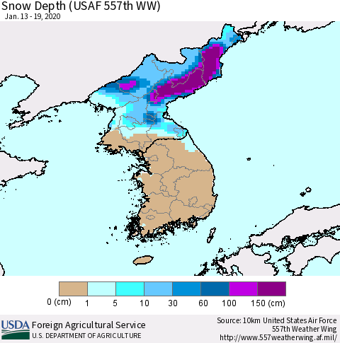Korea Snow Depth (USAF 557th WW) Thematic Map For 1/13/2020 - 1/19/2020