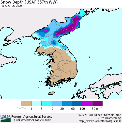 Korea Snow Depth (USAF 557th WW) Thematic Map For 1/20/2020 - 1/26/2020