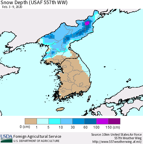 Korea Snow Depth (USAF 557th WW) Thematic Map For 2/3/2020 - 2/9/2020