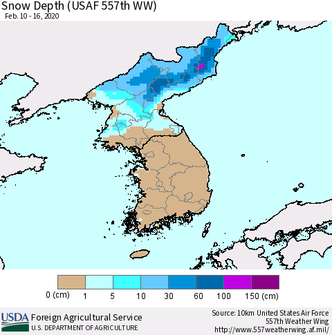 Korea Snow Depth (USAF 557th WW) Thematic Map For 2/10/2020 - 2/16/2020