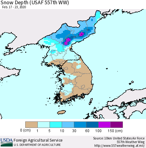 Korea Snow Depth (USAF 557th WW) Thematic Map For 2/17/2020 - 2/23/2020