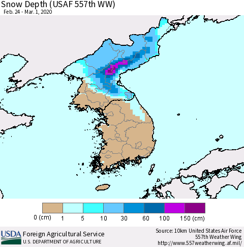 Korea Snow Depth (USAF 557th WW) Thematic Map For 2/24/2020 - 3/1/2020