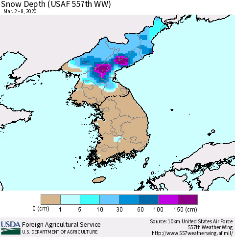 Korea Snow Depth (USAF 557th WW) Thematic Map For 3/2/2020 - 3/8/2020