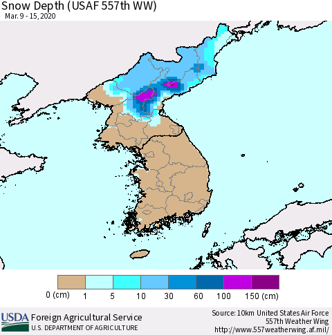 Korea Snow Depth (USAF 557th WW) Thematic Map For 3/9/2020 - 3/15/2020