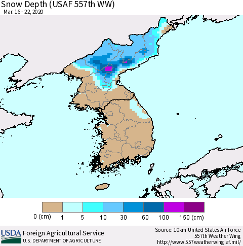 Korea Snow Depth (USAF 557th WW) Thematic Map For 3/16/2020 - 3/22/2020